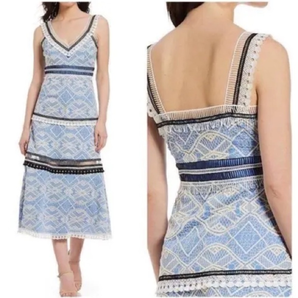 GIANNI BINI Mona Tiered Crochet Lace Blue & White Midi Dress